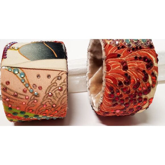 Lucy Notions 2 Wide Handmade VTG Silk Velvet Rhinestone Cuff Bracelets USA Boho - Picture 6 of 10